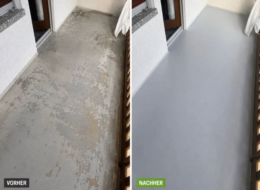Balkonboden vorher abgeblättert, nachher neu beschichtet