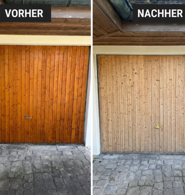 Garagentor aus Holz vorher dunkel, nachher hell neu lasiert