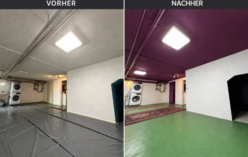 Kellerraum vorher, nachher mit farbiger Decke und neuem Bodenbelag